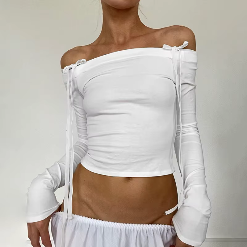 CUTENOVA Women Off Shoulder Long Sleeve T Shirts Autumn Y2K Elegant White Crop Tops Skinny Strapless Casual Basic Tees Bow