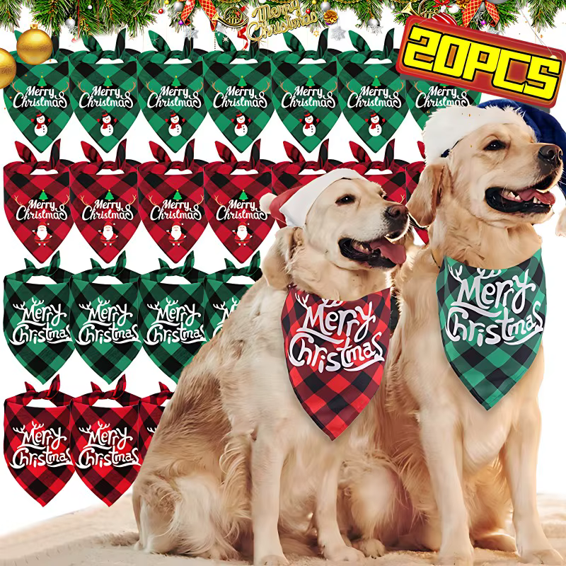 20/1pc Christmas Dog Bandana Santa Claus Printed Plaid Dog Bib Collar Adjustable Birthday Party Cats Triangle Scarves Pet Supply