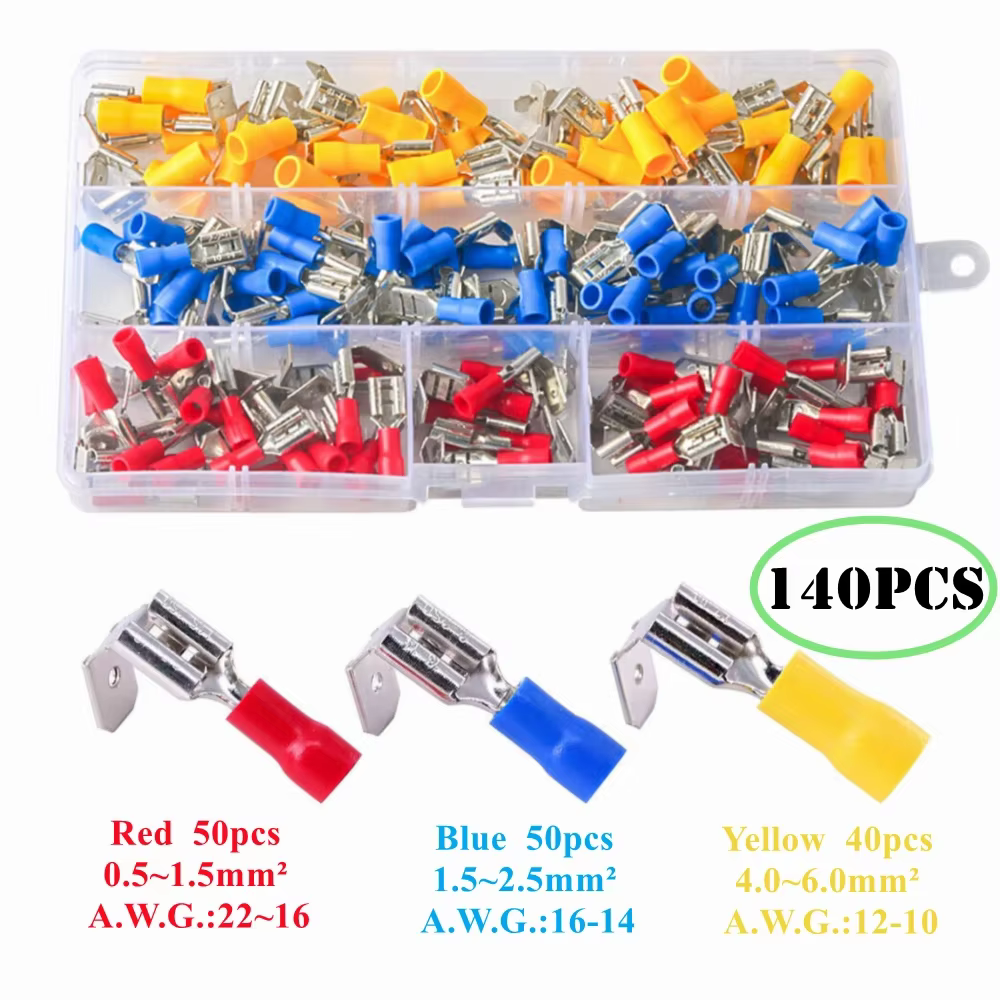 140Pcs Semi-Insulated Red Blue Yellow Piggy Back Spade Quick Splice Crimp Wire Connector Assortment Kit 22-10