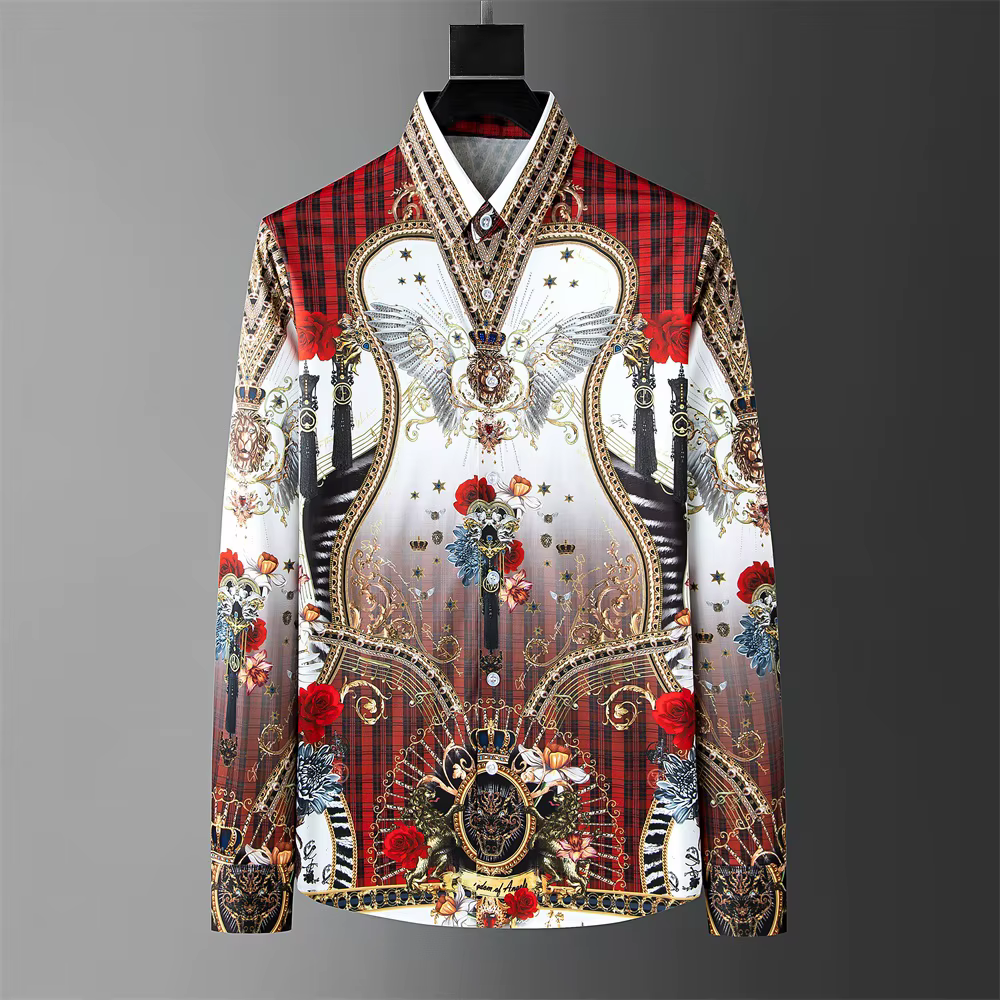 Fashion Men's Luxury Retro Print Shirt Crown Diamond Casual Social Shirt Long Sleeve Slim Fit Business Party Dress Shirt XS-6XL