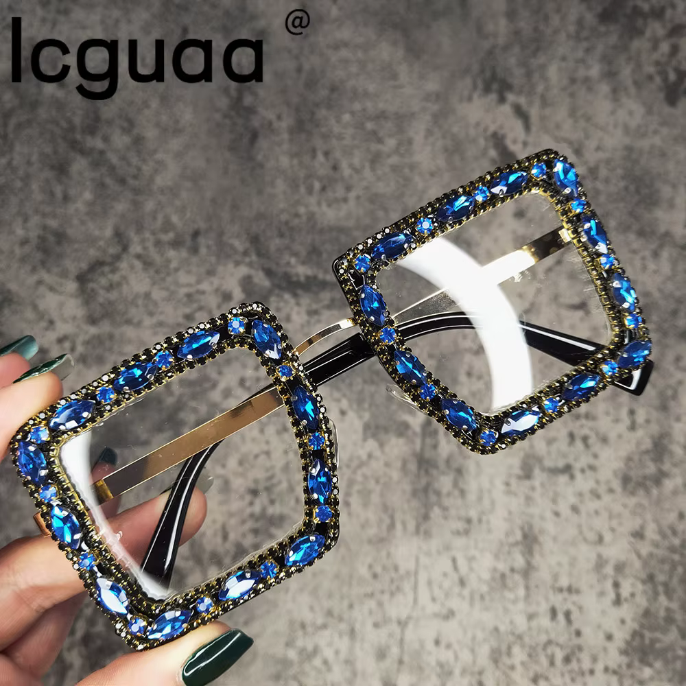 Rhinestone Bling Square Sun Glasses Women Fashion Oversized Transparent Crystal Female Vintage Diamond Sunglasses Eyeglasses