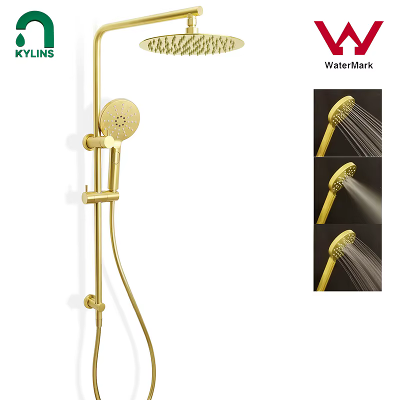 **Sydney Stock** KYLINS Twin Round Rain Shower Head Set 2 In 1 Sliding Rail Wall Arm Diverter Brushed Gold DIY WELS WATERMARK