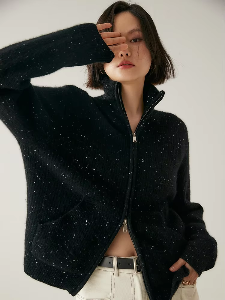 CHICUU Luxury Women 100% Cashmere Zipper Cardigan Autumn Winter Turtleneck Cashmere Sweater Coat Thick Warm Clothing Tops