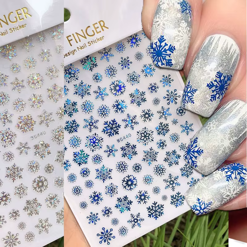 3d Nail Art Stickers Christmas Winter Laser Blue Sliver Snowflakes Xmas Decals For Nails Decoration Manicure Salon Beauty