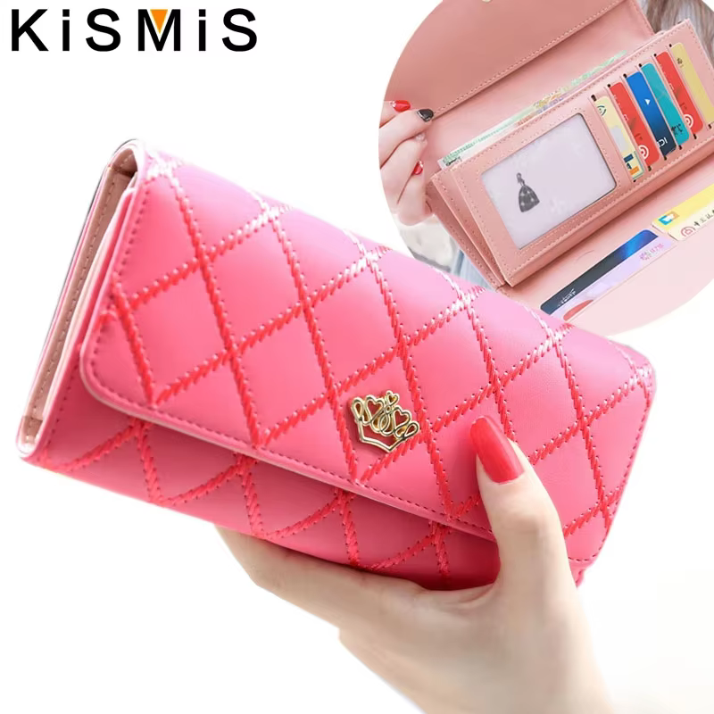 Wallets For Women Cute Pink Pocket Womens Wallets Purses Plaid Pu Leather Long Wallet Hasp Phone Bag Money Coin Pocket Bag