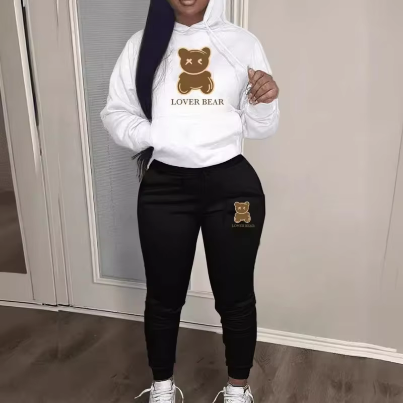 2 Piece Set Women Outfit Letter Bear Print Hooded Neck Hoodies Sweatshirt Pants Tracksuit 2024 Plus Size Streetwear Casual Suit