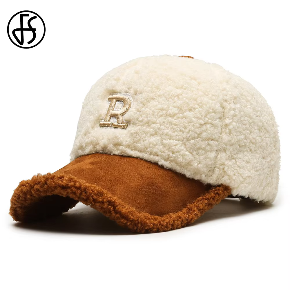 FS Winter Warm Lambswool Baseball Caps For Men White Brown Big Letter Embroidery Women Hat Luxury Brand Face Cap Casquette Femme