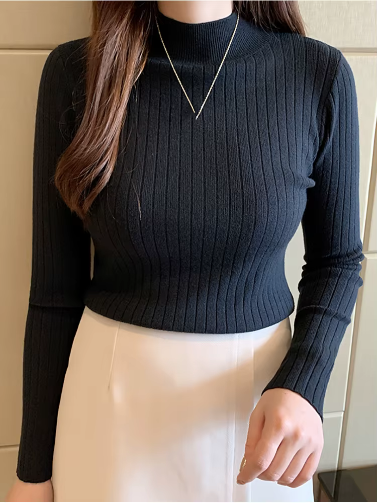 Women Cashmere Sweater Slim Soft Knitted Jumpers Mockneck Pullovers Solid T-Shirts Semi-Turtleneck Sweaters Women Winter