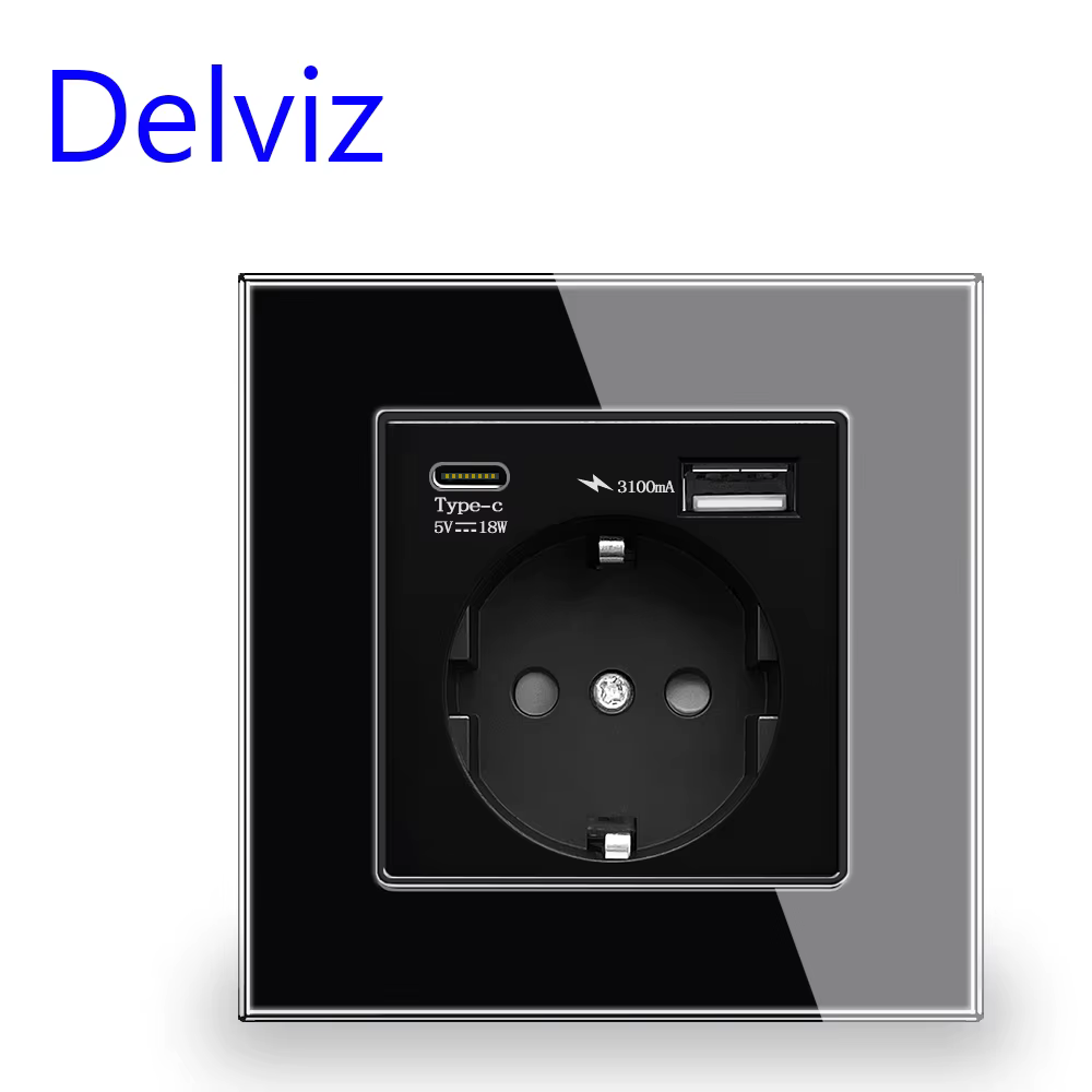 Delviz Crystal glass USB Socket, Type-C USB port, EU standard 1A 1C Smart dual interface, Type-C Quick Charge Wall Power Outlet