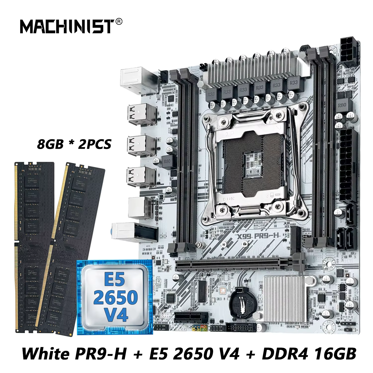MACHINIST X99 Motherboard kit Intel Xeon E5 2650 V4 LGA 2011-3 CPU Set DDR4 8GB*2pcs support NVME m.2 White X99 PR9-H