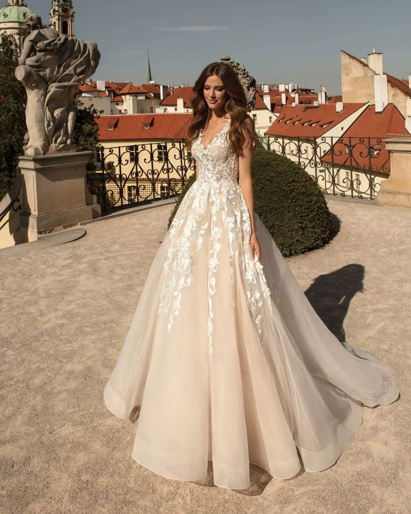 Customized Champagne Illusion Neck Wedding Dresses Applique A Line Vestido De Noiva Sexy Open Back Vestidos De Novia