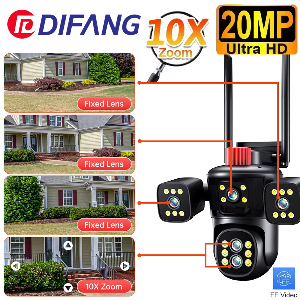 20MP WiFi Network Camera 10K Wireless Outdoor 10X Zoom Four Screen Five Lens PTZ Automatic Tracking Waterproof Security Cam CCTV