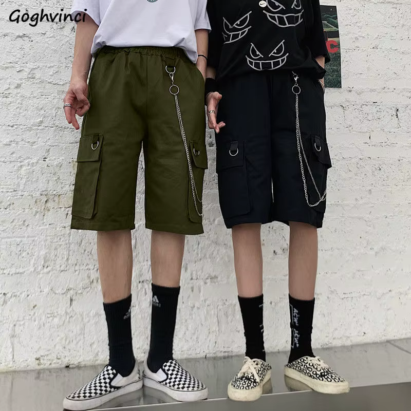Shorts Women Summer Cargo Trousers Female Loose Casual Fashion Elastic High Waist Bf Harajuku Punk Chain Knee Length Hot Sale