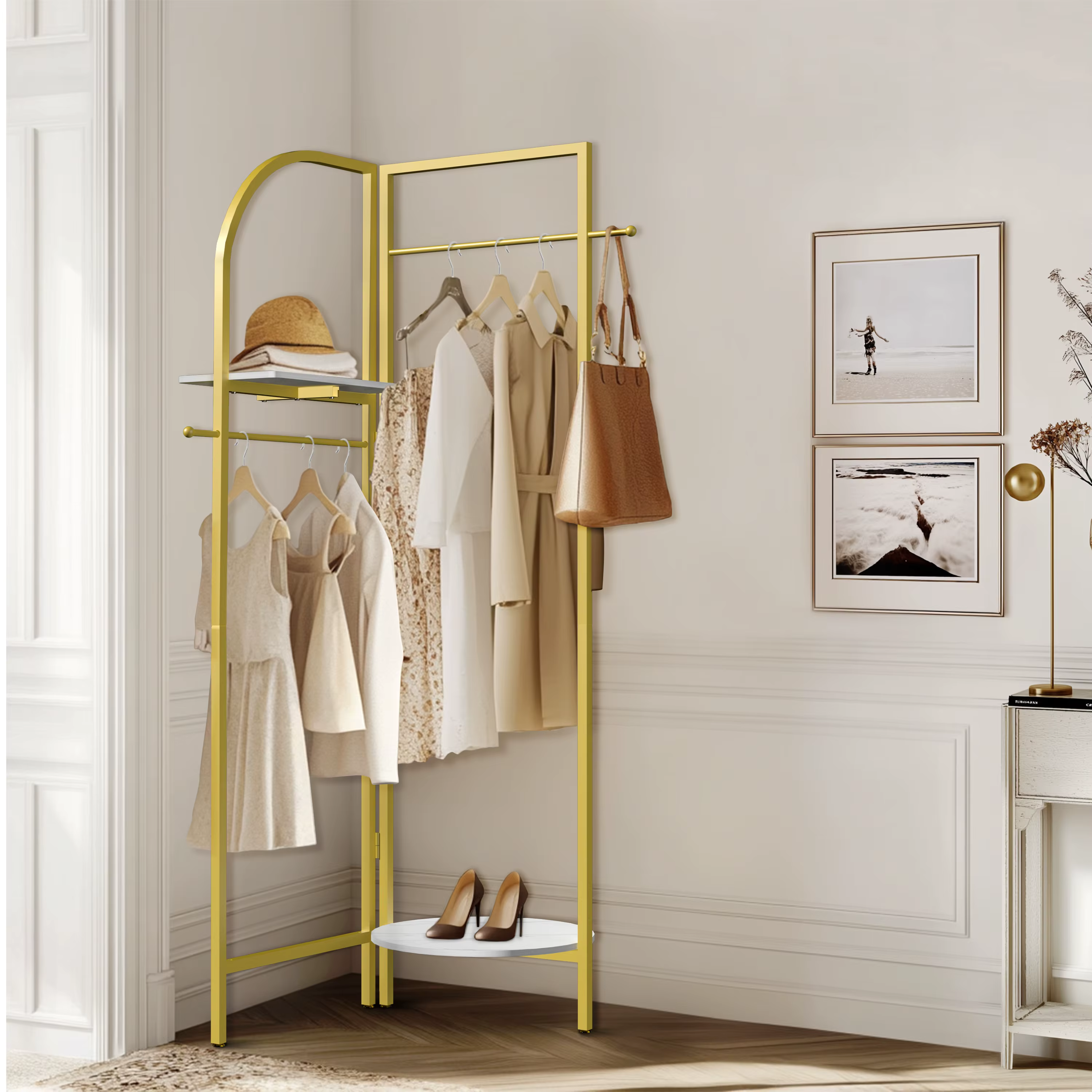 Wisfor Corner Gold Metal Clothing Racks,Heavy Duty Freestanding Clothes Racks Coat Rack for Hallway Entryway, Garment racks