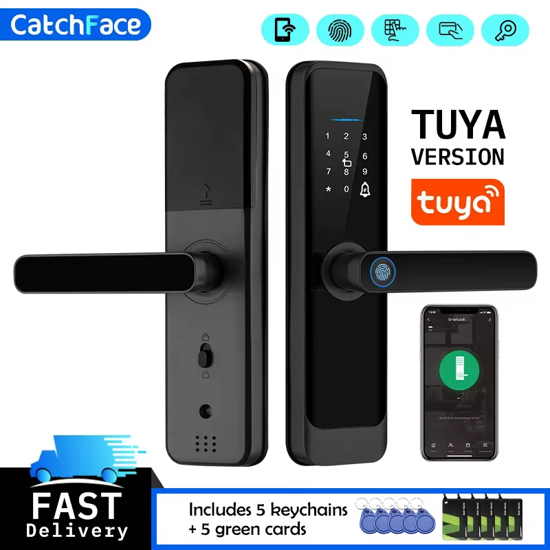 Tuya Silver Smart Door Lock Portuguese Voice Safe Digital Electronic Lock Bluetooth APP Fingerprint Password RFID Unlock