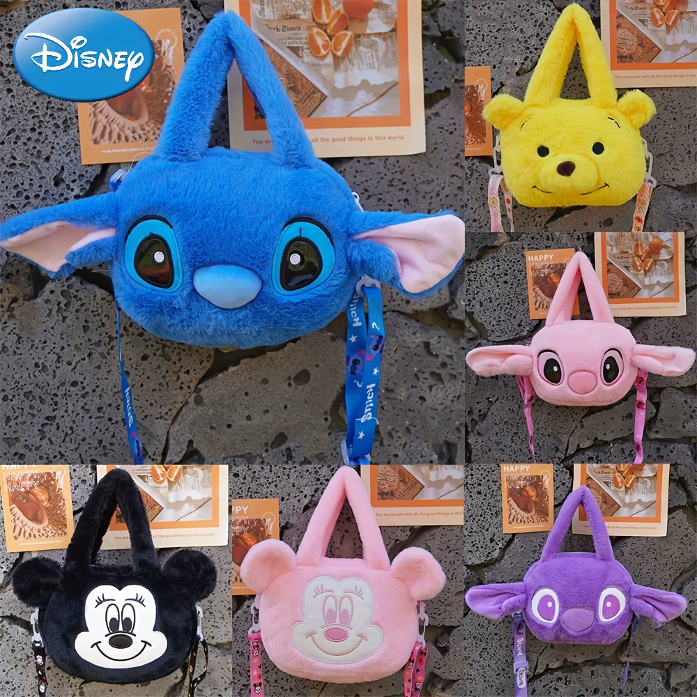 MINISO Disney Inspired Kawaii Plush Crossbody Bag Stitch Winnie The Pooh Minnie Mouse Linabell Soft Cartoon Furry Shoulder Bag
