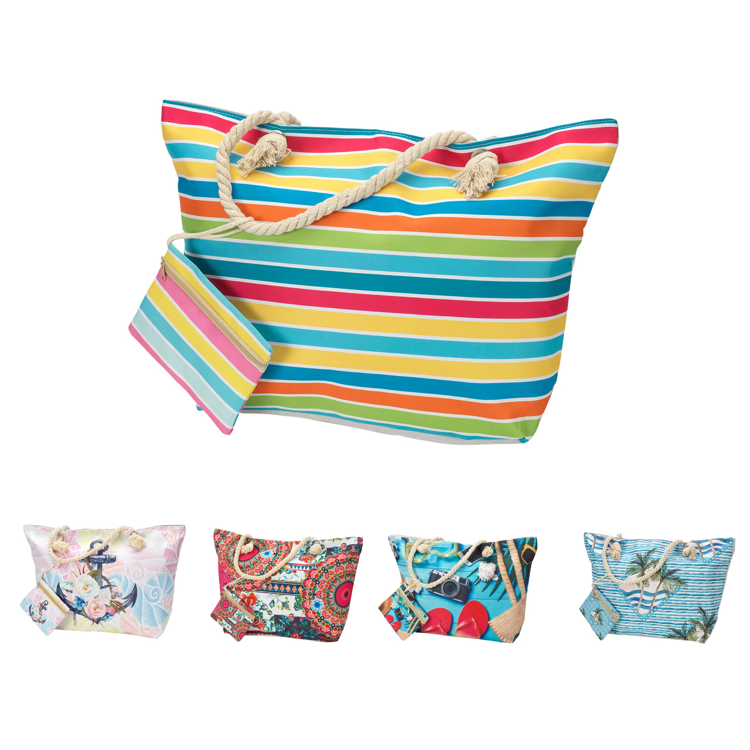 Novotextil-large beach bag with colorful prints (all models have color variation). Contains inside pocket and matching purse. Polyester fabric 100% water resistant and wear.