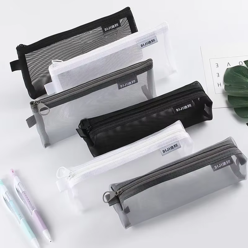Singple Gray Black Makeup Case Large Capacity Mash Transparent Cosmetic Brush Bags Students Three-dimensional Nylon Pencil Case
