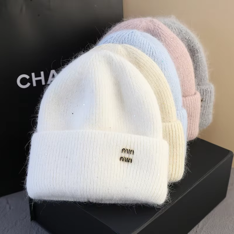 Sequins Fluffyy Angola Fur Knitted Beanies Winter Hat Women Rabbit Skullies Cap Female Ski Warm Outdoor Warm Cashmere Wool Hats