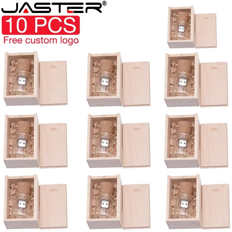 JASTER 10 PCS LOT USB Flash Drive 128GB Mini Drifting bottle Pen Drive 64GB Creative Gift USB Stick 32GB Wooden Box U Disk 16GB