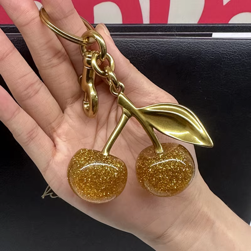 Sparkling Gold Cherry Pendant For Coach Handbag Shoulder Bags Women's Purse Keychain Charm Festive Christmas Accessory