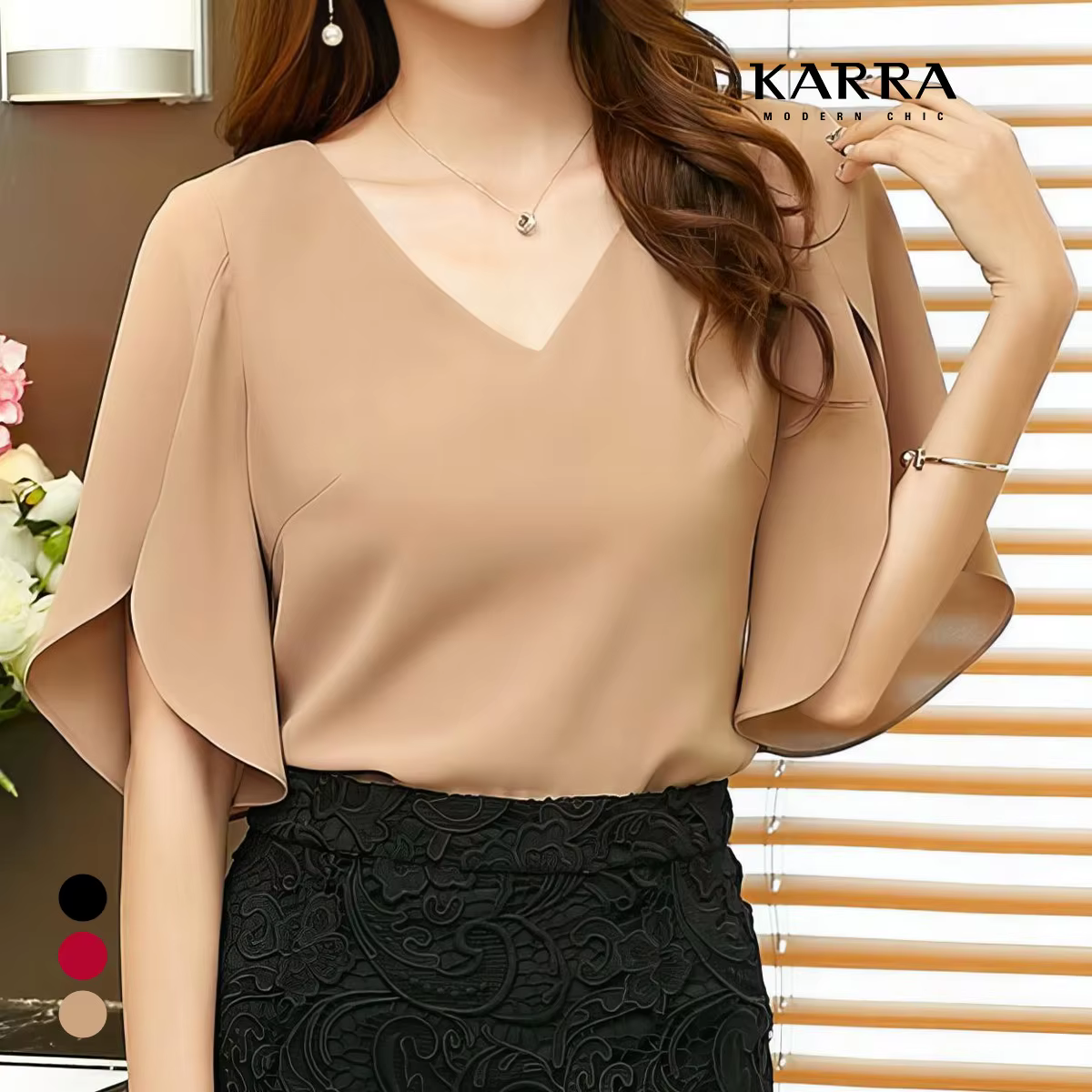 KARRA V-Neck Wrap Sleeving Blouses _ KB4MBL099C