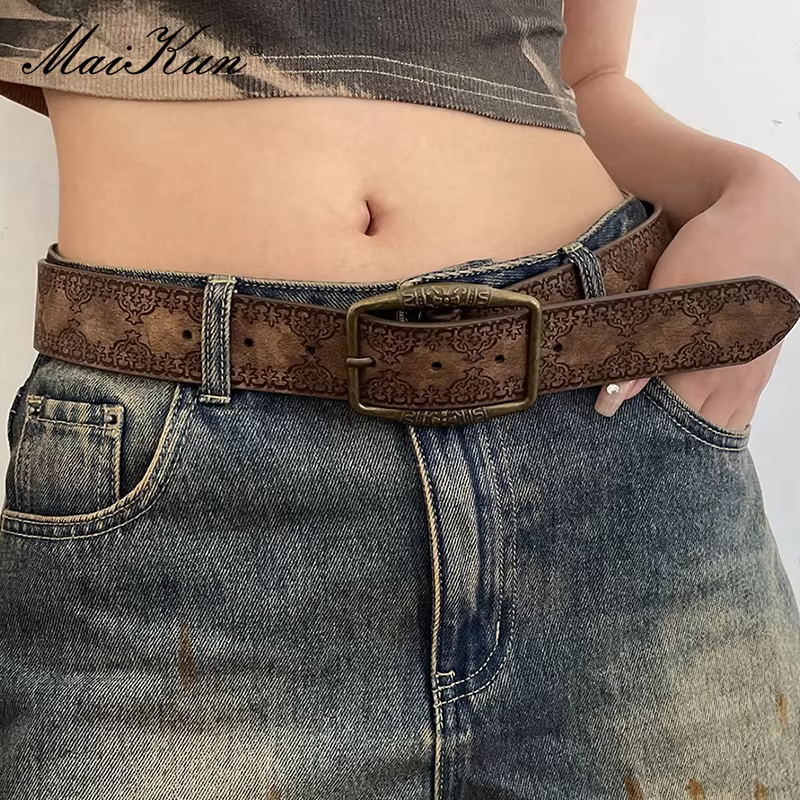 Maikun Y2k New Woman's Vintage Embossed Belt Alloy Pin Buckle Archaic Ethnic Style All-Match Belt