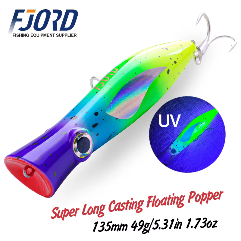 FJORD Popper Fishing Lure 49g Topwater Floating Surface Bait With Treble Hooks Big Mouth Saltwater Sea Hard Baits Fishing Goods