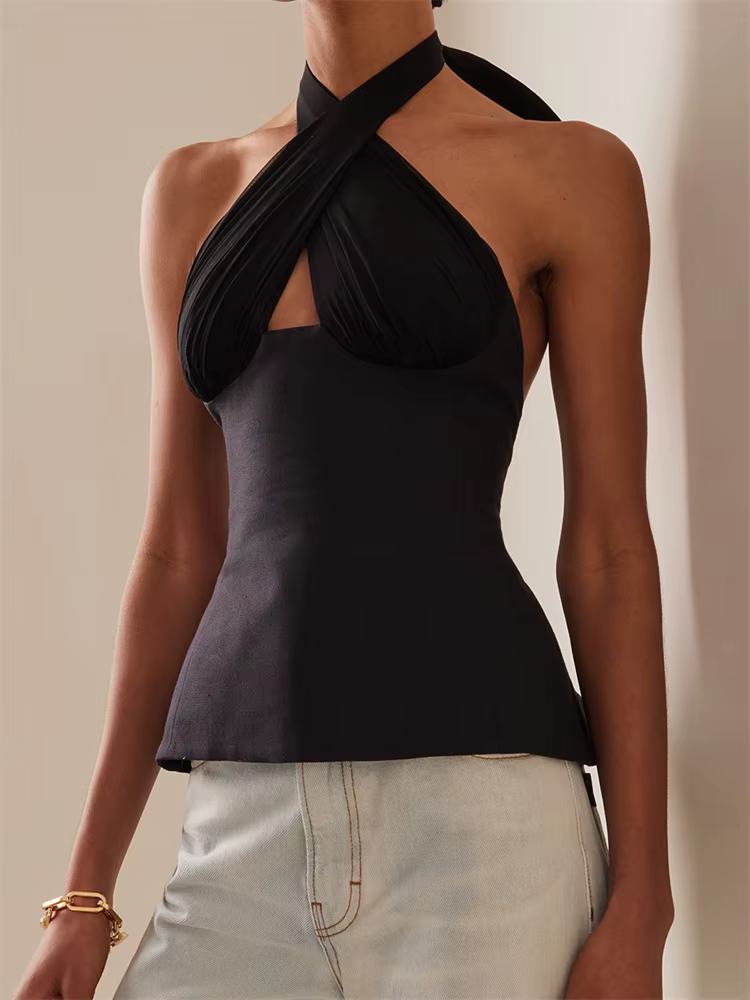 CHRONSTYLE Sexy Women Summer Fashion Tank Tops Solid Color Sleeveless Backless Tie-up Halter Off Shoulder Ruched Vest Streetwear