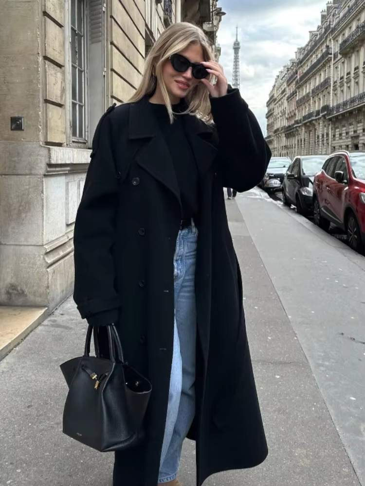 2025 Casual Double Breasted Belted Basic Overcoats Women's Fashion Long Sleeve Crop Pockets Jackets Office Lady Daily Streetwear
