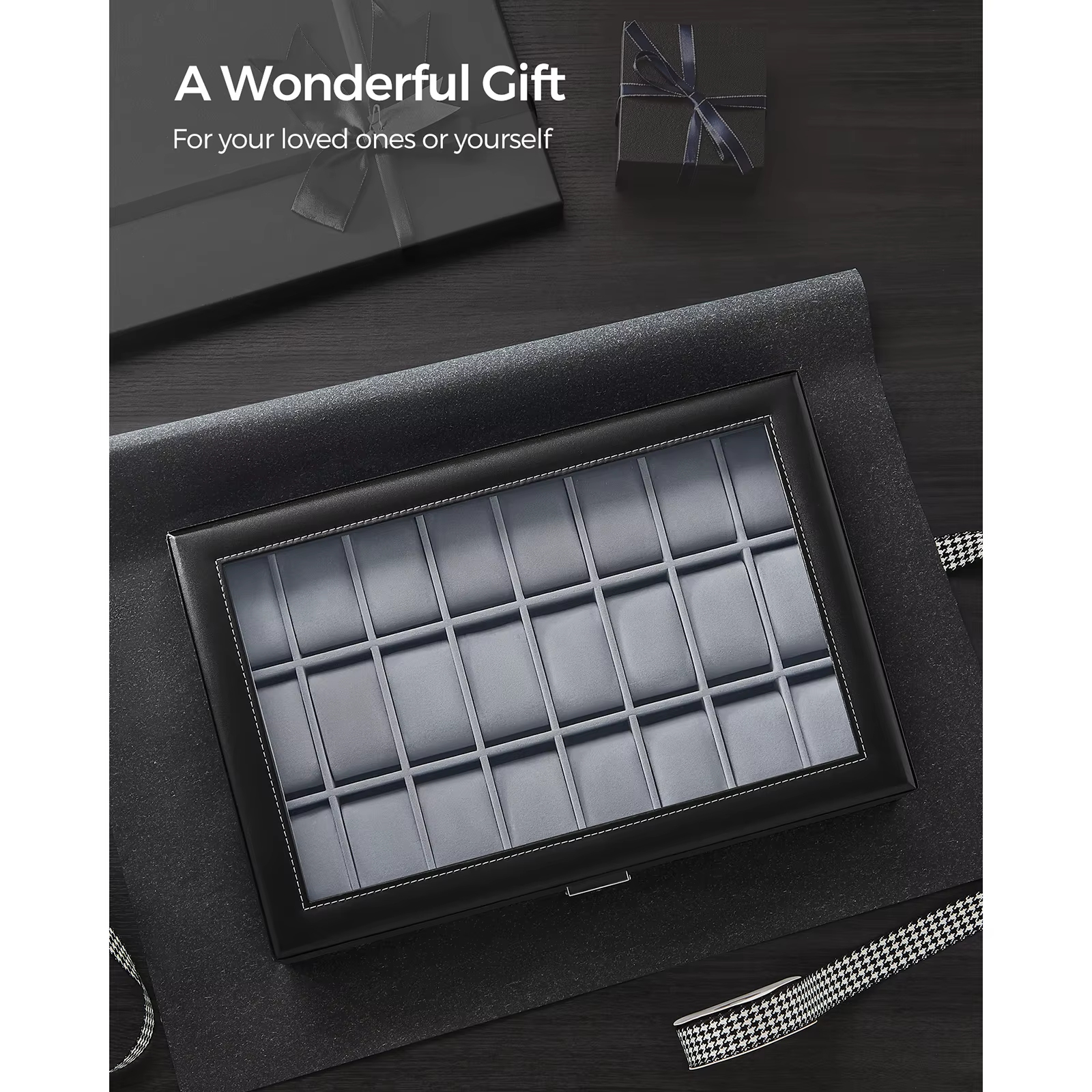 SONGMICS Watch Box, Lockable Watch Case, Watch Storage Box with 24 Slots, Gift for Loved Ones, Black Synthetic Leather