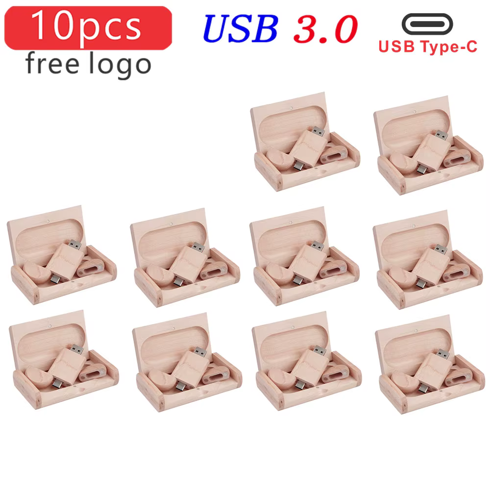 JASTER 10pcs/lot USB 3.0 Flash Drive TYPE-C 2 in 1 Memory Stick Wooden Pendrive 8GB 16GB 32GB 64GB 128GB Free Logo Wedding Gifts