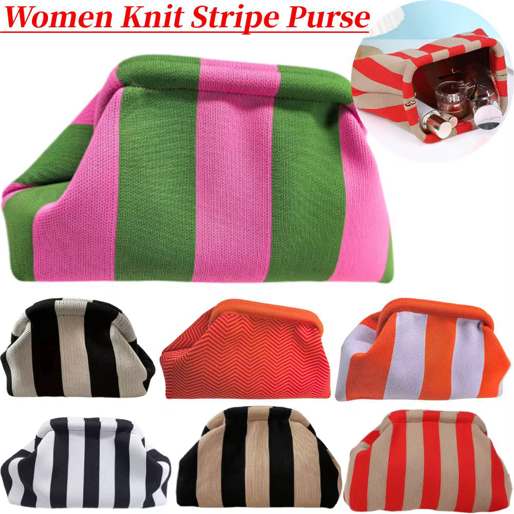 Women Knit Stripe Purse Contrast Crochet Handbag Knitting Dumpling Clutch Summer Beach Clutch Bag Cloud Casual Colorblock Bags