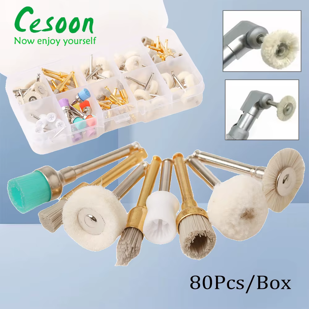 80Pcs Dental Prophy Polishing Brush Cup Nylon Wool Cotton Wheel Rubber Alumina Silicon Polishing Tools Mixed For Contra Angle