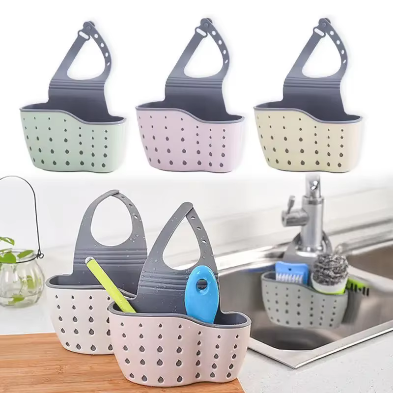 Home storage kitchen sink holder rack drain basket adjustable soap sponge shelf with a hallowed drain basket