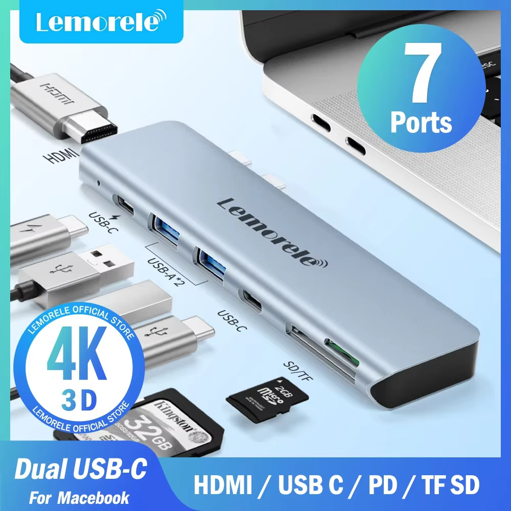 Lemorele TC14 USB C HUB 4K 30HZ High Speed Dual Type-C USB Adapter TF SD Reader Slot PD100W for MacBook Pro  Air M1 M2 Laptop