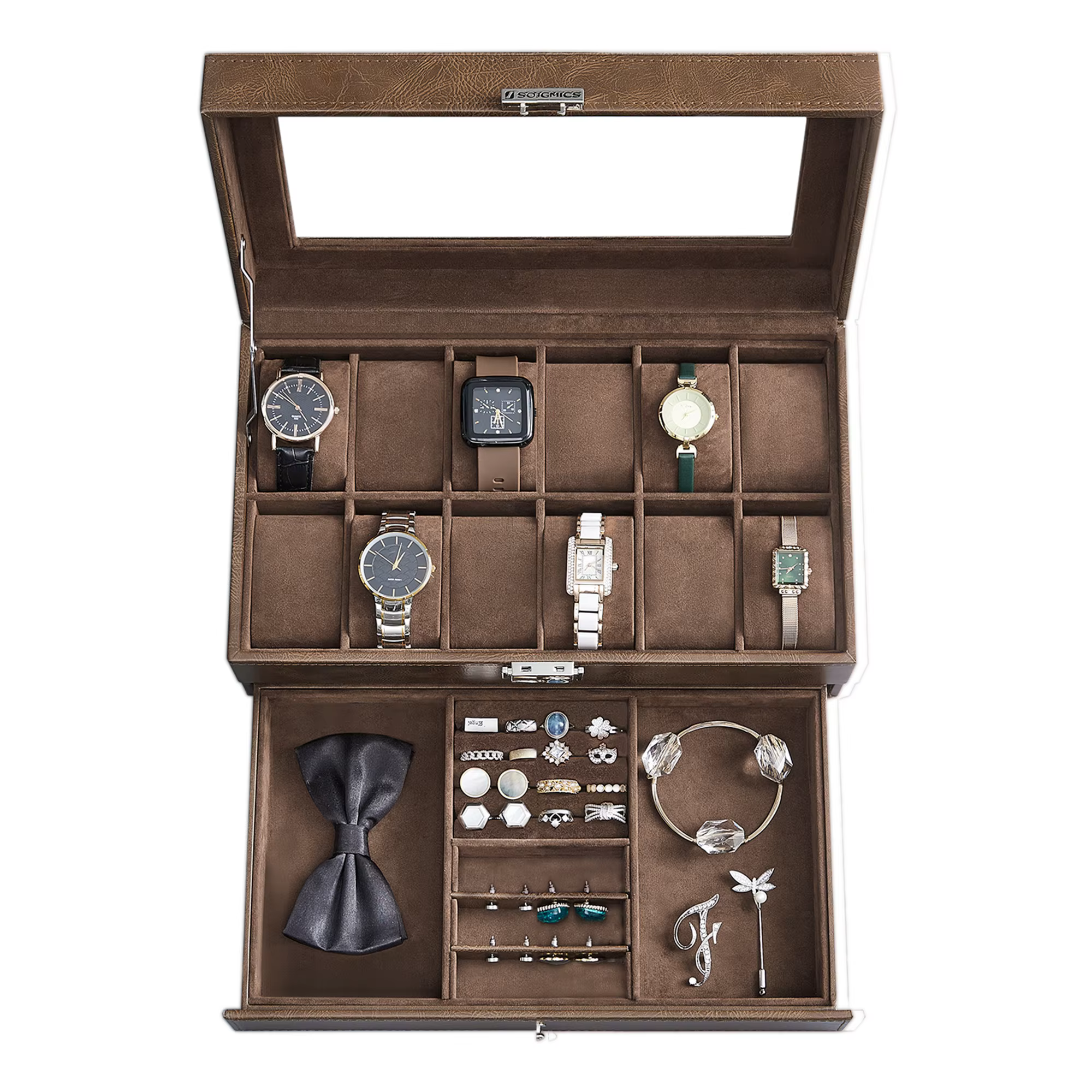 SONGMICS 12-Slot Watch Box, Lockable Watch Case with Glass Lid, 2 Layers, with 1 Drawer for Rings, Bracelets
