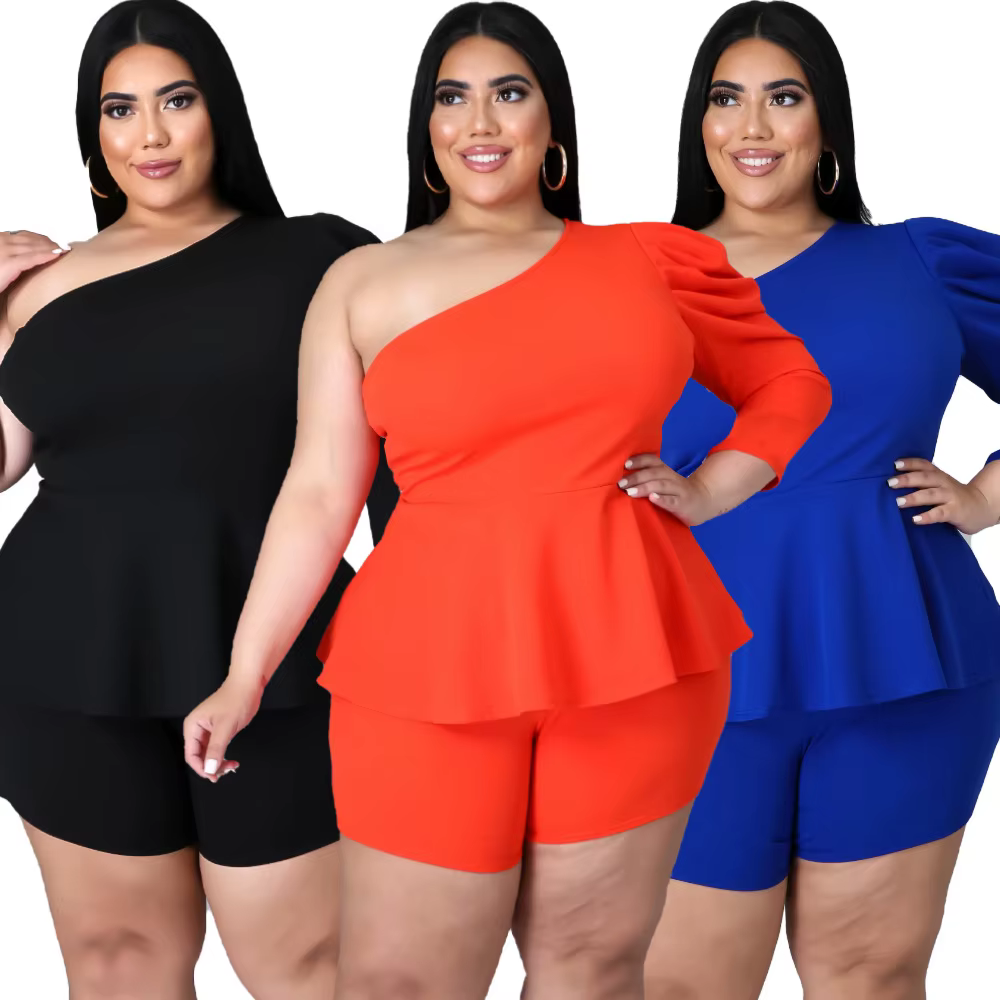 2022 Summer Women Slash Neck Two Piece Sets Puff Sleeve One Shoulder Ruffles Tops Skinny Shorts Casual Outfits