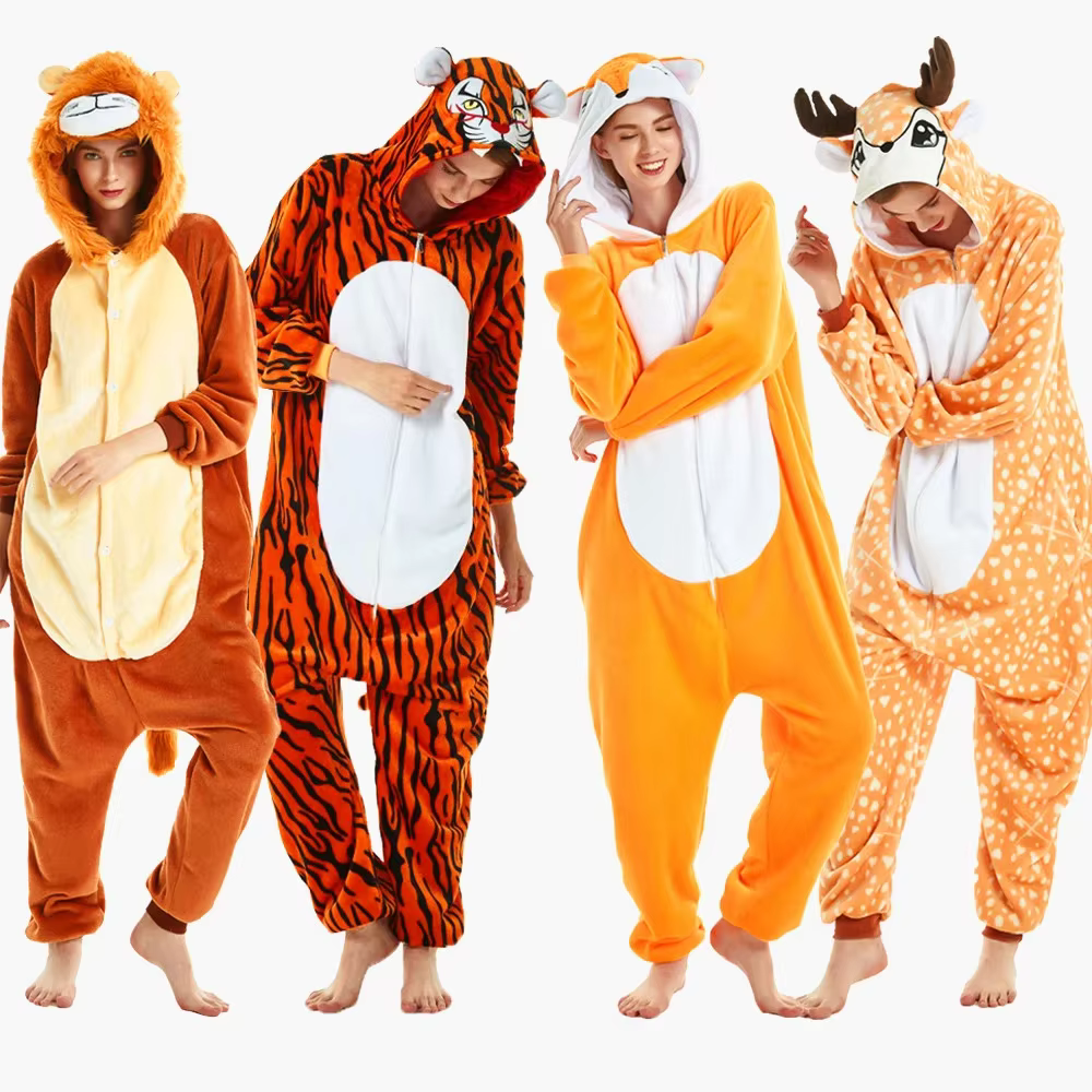 Fox Tiger Cartoon Onesies Women Pajamas Animal Cosplay One Piece Sleepwear Children Jumpsuits For Christmas Halloween