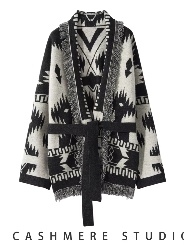 Luxury Women Vintage Tassels Cardigan 100% Cashmere Knit Jacquard Sweater Coat Autumn Winter High Quality Female Clothing Tops