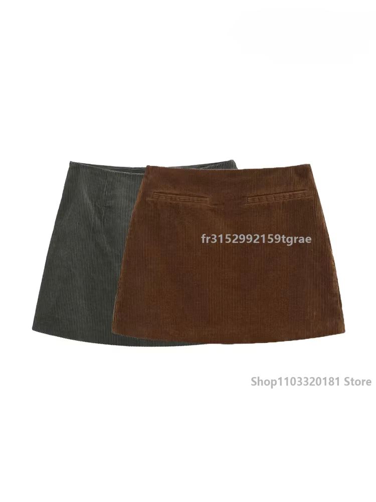 Women's Front Mock Welt Pockets Corduroy Mini Skirt, Midi Waist, Side Zipper, Female Skirts, Chic Fashion