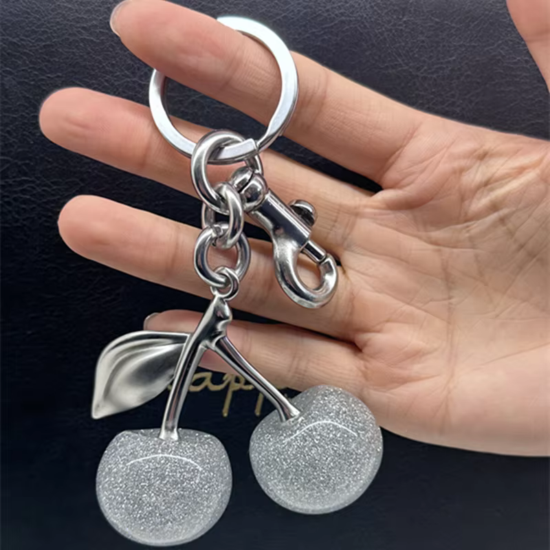Fashion Glitter Silvery Cherry Keychain Summer Fruits Cherries Pendant Keyring For Coach Handbags Shoulder Bags Accessories Gift