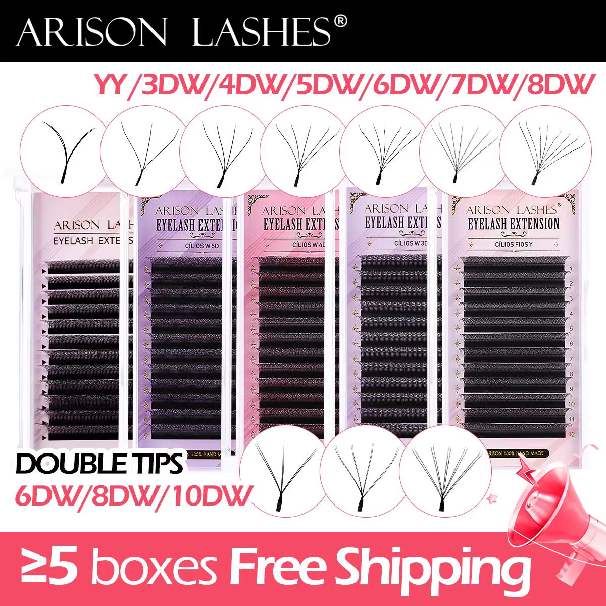 ARISON 3D/4D/5D/6D W-Shape Eyelashes Extension Premade Volume Fans YY-shape Lashes Faux Mink Soft Easy Faning Natural Lash