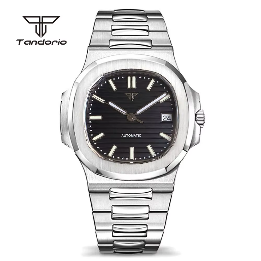 Tandorio Square 40mm Men's Stainless Steel NH35 Automatic Watch Multicolor Dial Sapphire Date Brushed Mechanical Wristwatch Lume