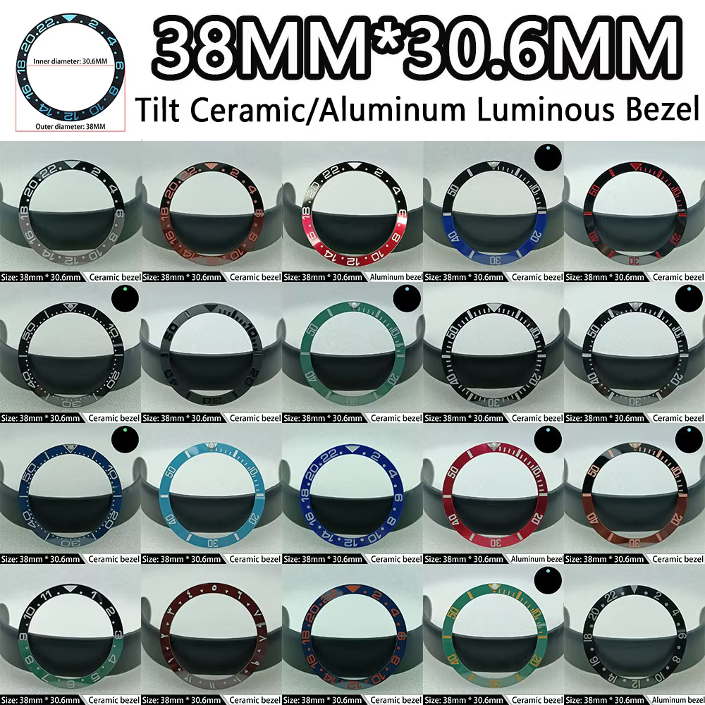 38mm bezel tilted 38mm * 30.6mm ceramic/aluminum green/blue-green luminous bezel GMT and diving watch insert ceramic bezel