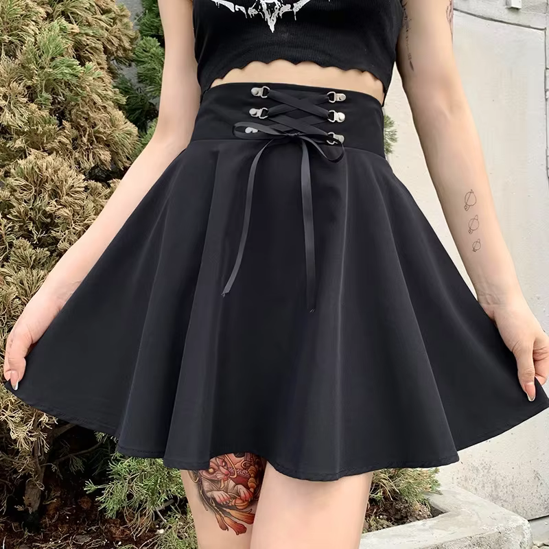 Women's Basic Versatile Flared Casual Mini Skater Skirt High Waisted School Goth Punk Black Skirt Harajuku