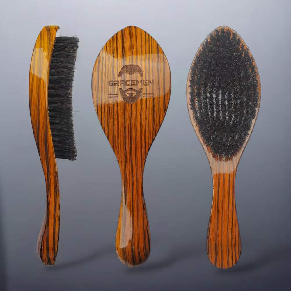 The Gracemen Men's 360° Wave Brush Curved Hair Brush Boar Bristles + Nylon Yellow/Red Beard Brush for Gentlemen Medium Hard
