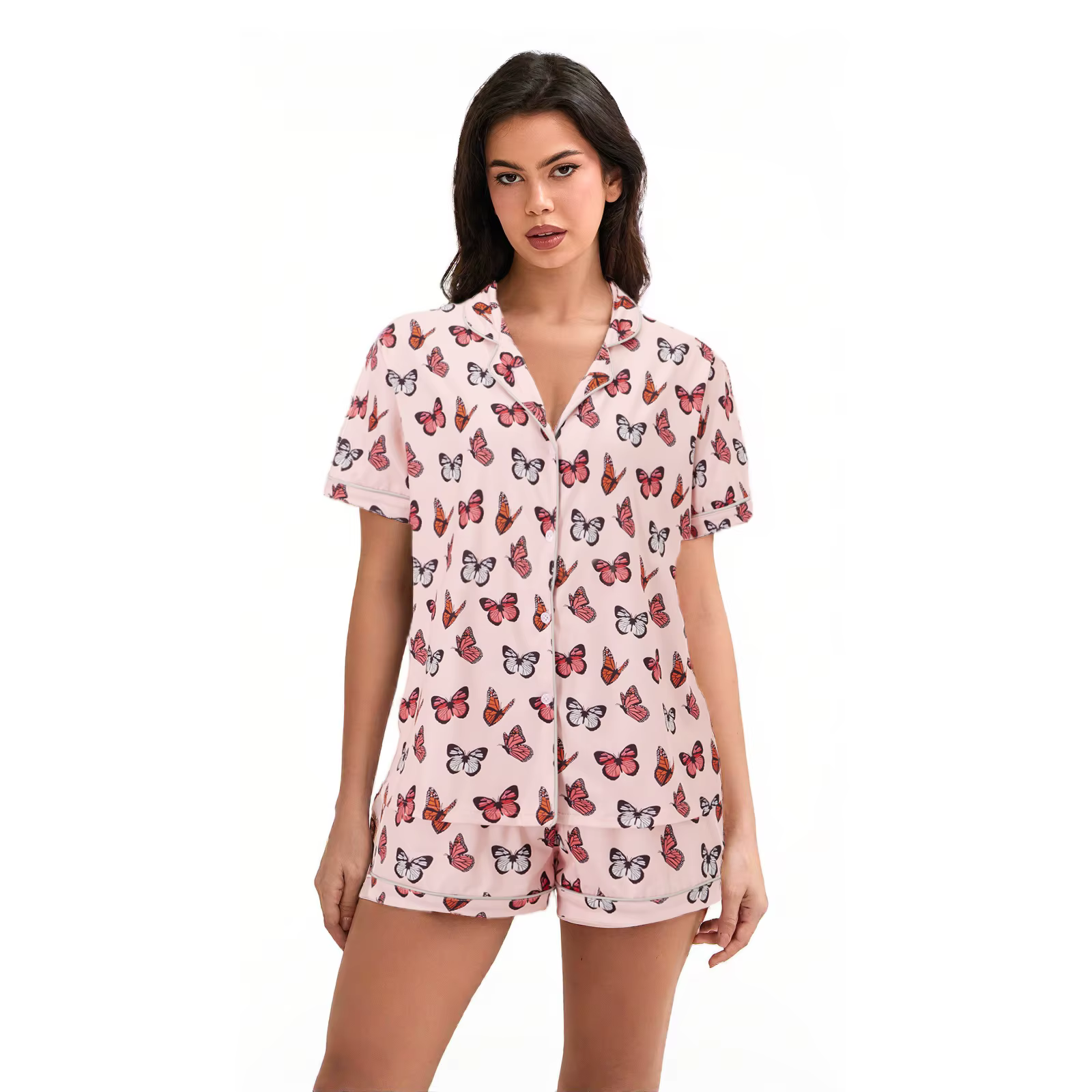 Women's Lounge Set Short Sleeve Lapel Button Up Cherry/Bow/Butterfly Print Shirt Shorts 2 Pieces Sleepwear Sets