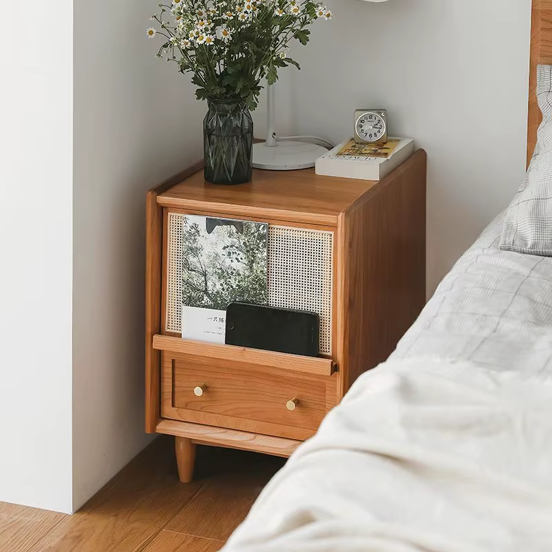 Japanese Solid Wood Bedside Table Rattan Bedroom Wabi-sabi Storage Cabinet Simple Drawer Antique Storage Sofa Side Table