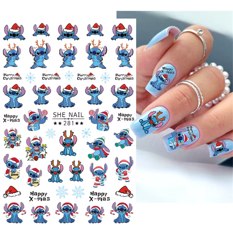 1Pc 3D MINISO Disney Happy Xmas Lilo And Stitch Nail Art Stickers New Year Merry Christmas Dressed Stitch Nail Decoration Decals